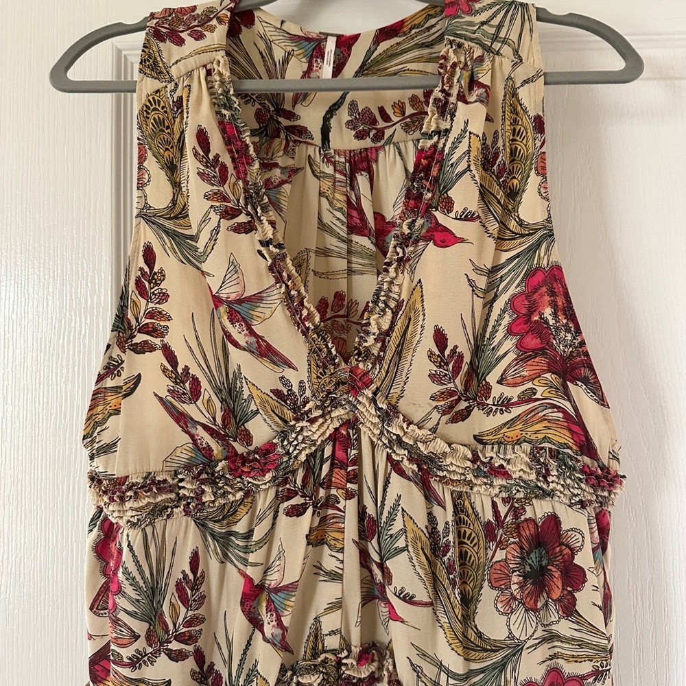 Free People Cream and Red Ruched Tie Front Tank Top